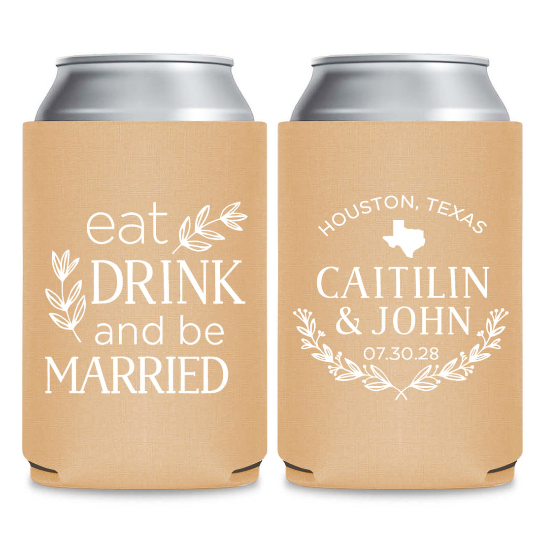 Two tan-colored beverage coolers with white text and graphics printed on them.