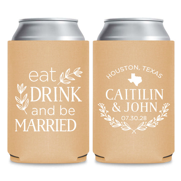 Two tan-colored beverage coolers with white text and graphics printed on them.