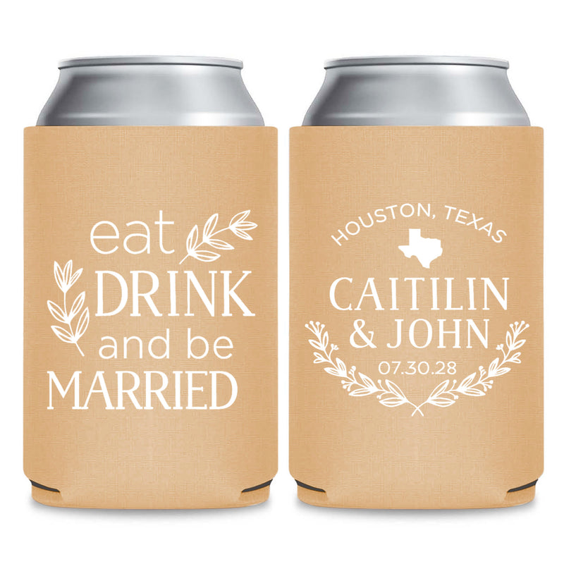 Two tan-colored beverage coolers with white text and graphics printed on them.