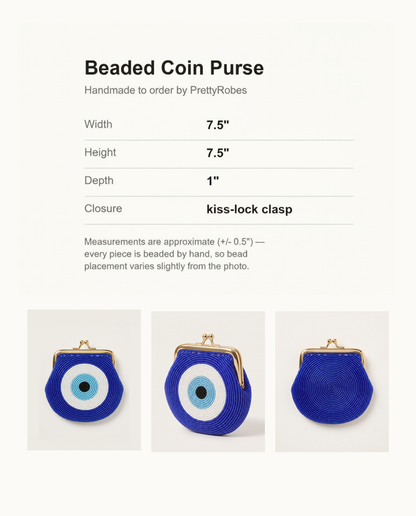 Beaded Evil Eye Coin Purse with Monogram, Handmade Kiss Lock Pouch, Personalized Glass Seed Bead Mini Wallet, Custom Trinket Purse