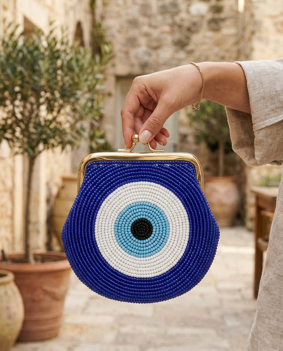 Beaded Evil Eye Coin Purse with Monogram, Handmade Kiss Lock Pouch, Personalized Glass Seed Bead Mini Wallet, Custom Trinket Purse