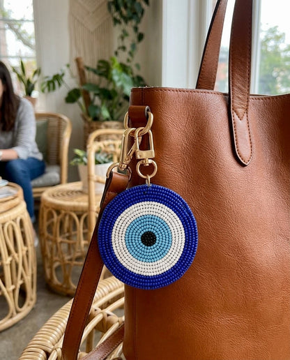 Evil Eye Beaded Bag Charm with Tassel, Custom Purse Keychain Clip, Handmade Nazar Charm for Handbag, Boho Bead Fringe Key Ring