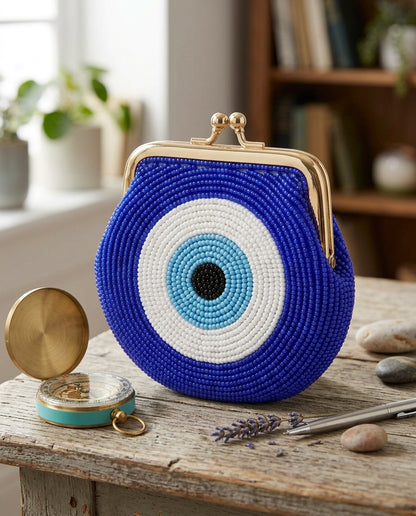 Beaded Evil Eye Coin Purse with Monogram, Handmade Kiss Lock Pouch, Personalized Glass Seed Bead Mini Wallet, Custom Trinket Purse
