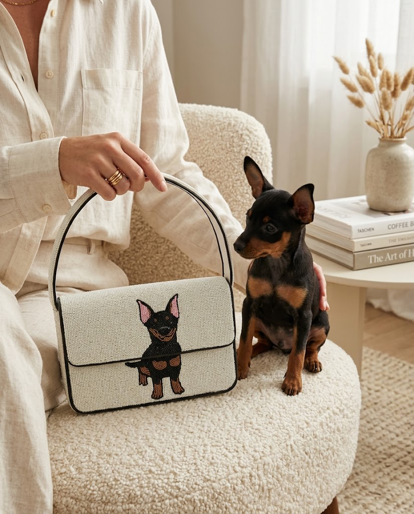 A person is sitting on a chair, holding a handbag with a small dog sitting next to them.