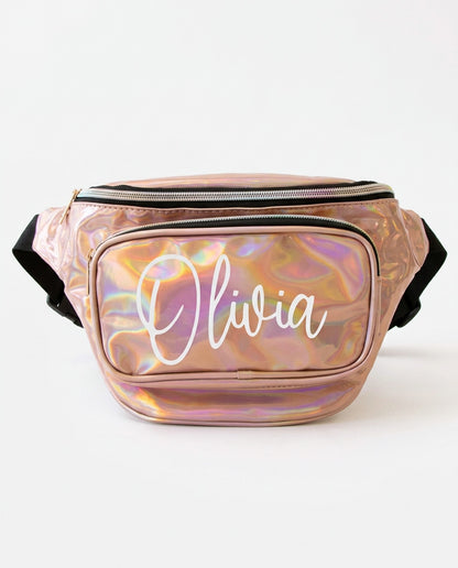 Rose gold holographic fanny pack with her name in white script