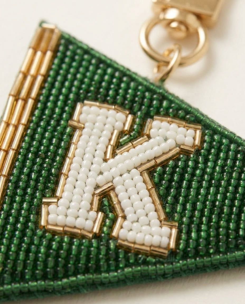 Personalized Beaded Golf Flag Bag Charm, Custom Initial Monogram Golf Keyring, Hand Embroidered Pennant Charm for Golf Bag or Tote