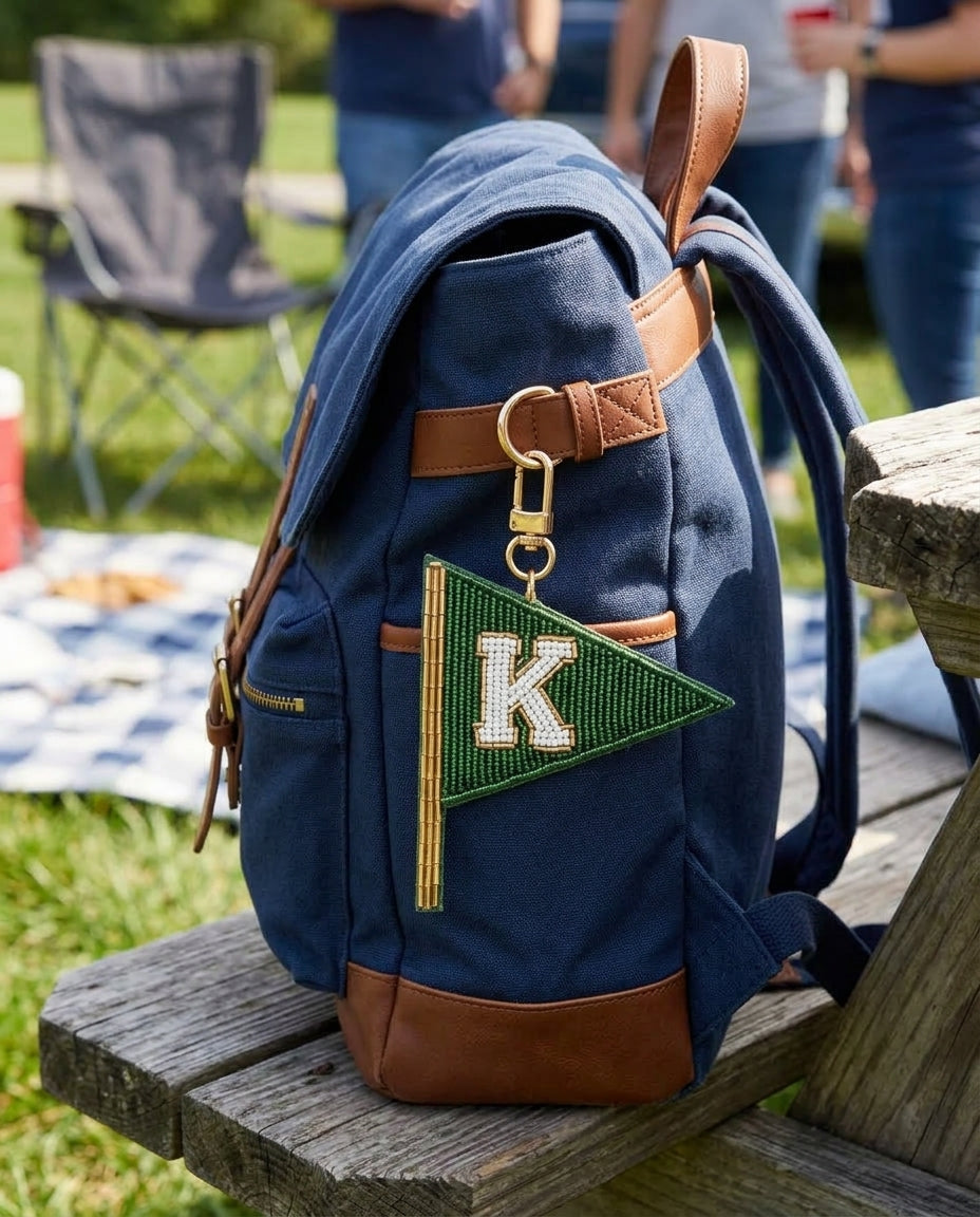 Personalized Beaded Golf Flag Bag Charm, Custom Initial Monogram Golf Keyring, Hand Embroidered Pennant Charm for Golf Bag or Tote