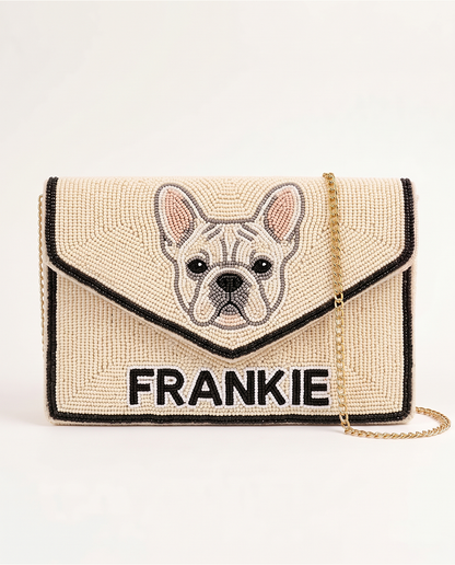 Custom Pet Portrait Beaded Clutch, Personalized Dog Name Hand Beaded Envelope Purse with Crossbody Chain, French Bulldog Bag Gift