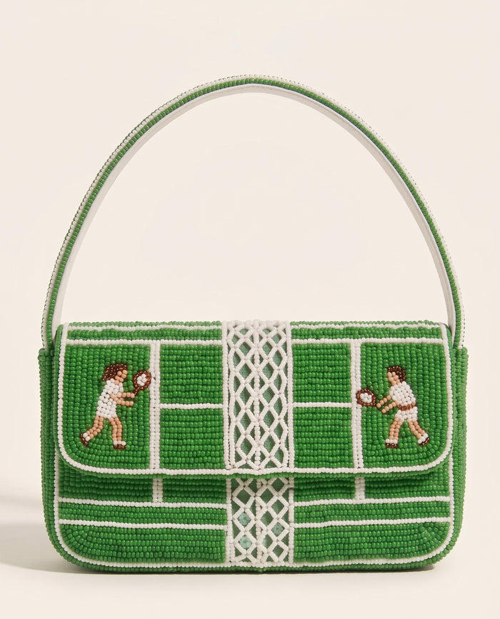 Personalized Beaded Tennis Court Baguette Shoulder Bag, Hand Beaded Tennis Match Purse with Players and Net, Tennis Gift for Her