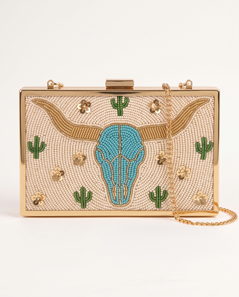Custom Beaded Longhorn Clutch Purse, Western Bridal Turquoise Beaded Bag with Monogram, Texas Game Day Handbag, Rodeo Evening Bag