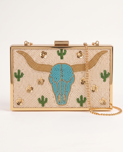 Custom Beaded Longhorn Clutch Purse, Western Bridal Turquoise Beaded Bag with Monogram, Texas Game Day Handbag, Rodeo Evening Bag