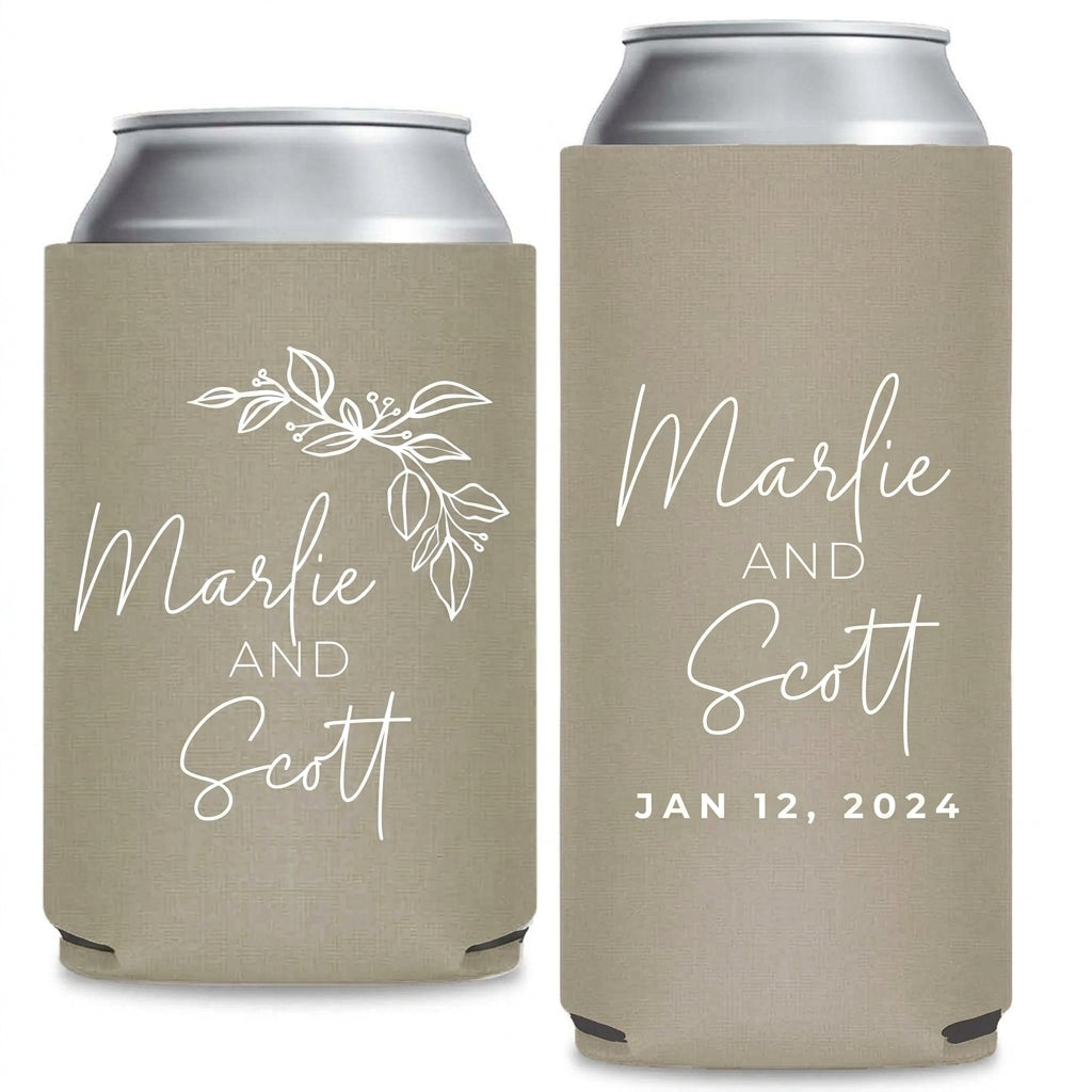 Geometry And Botanicals Wedding Can Coolers shown on standard and slim can coolers