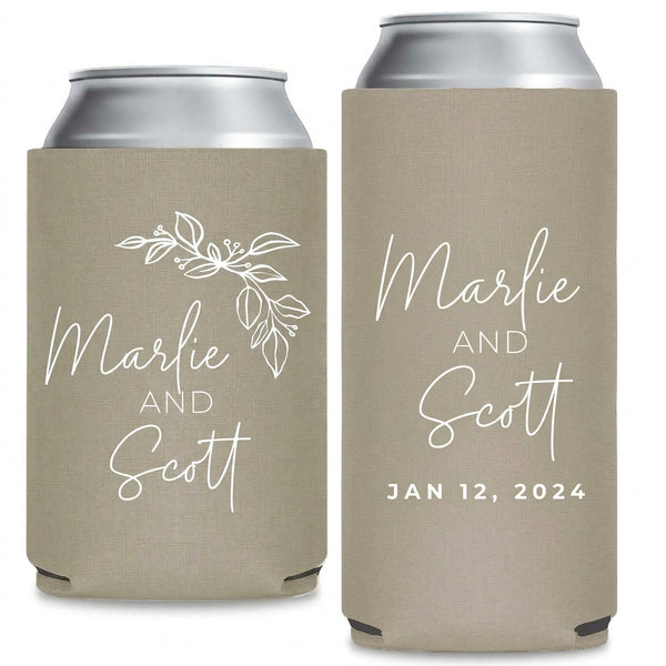 Geometry And Botanicals Wedding Can Coolers shown on standard and slim can coolers