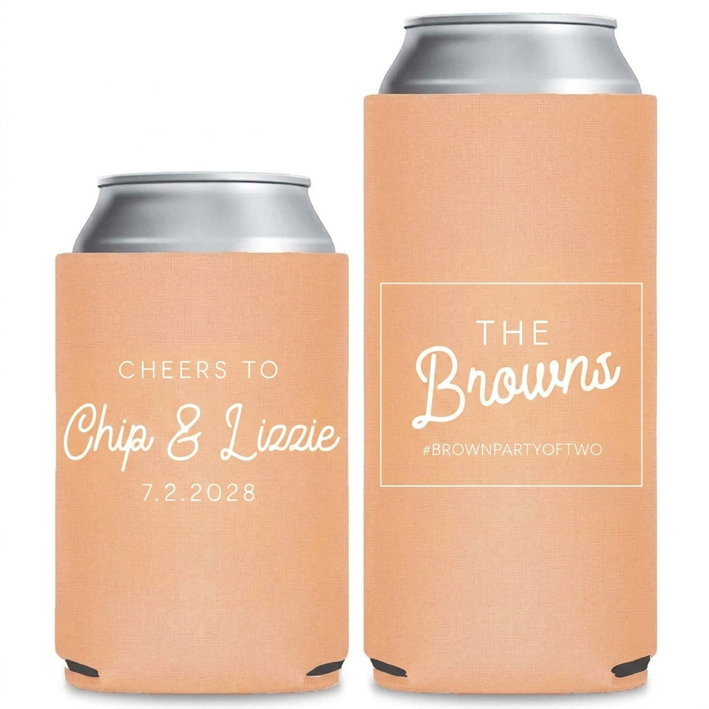 Golden Cheers Script Wedding Can Coolers shown on standard and slim can coolers