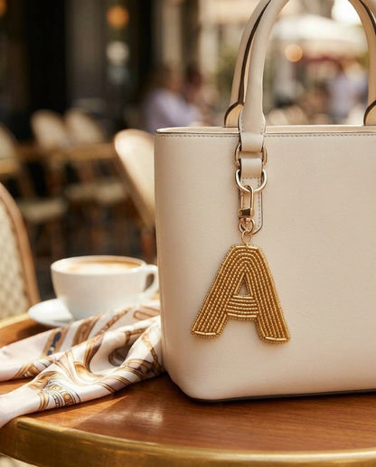 Personalized Beaded Initial Bag Charm with Pearl Drop, Custom Monogram Letter Keychain Purse Clip, Hand Beaded Gift for Her