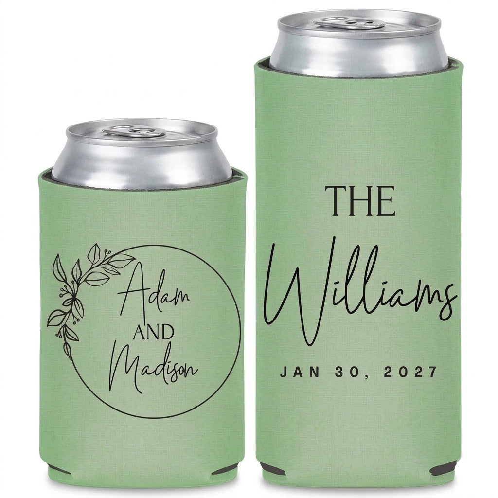 Graceful Vine Wedding Can Coolers shown on standard and slim can coolers