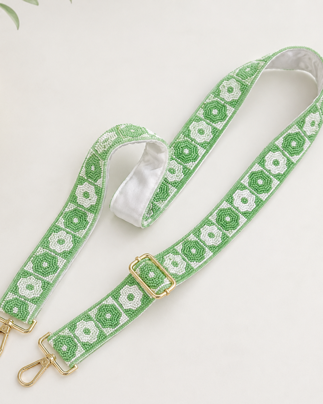 Green & White Floral Beaded Camera Strap
