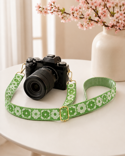 Green & White Floral Beaded Camera Strap