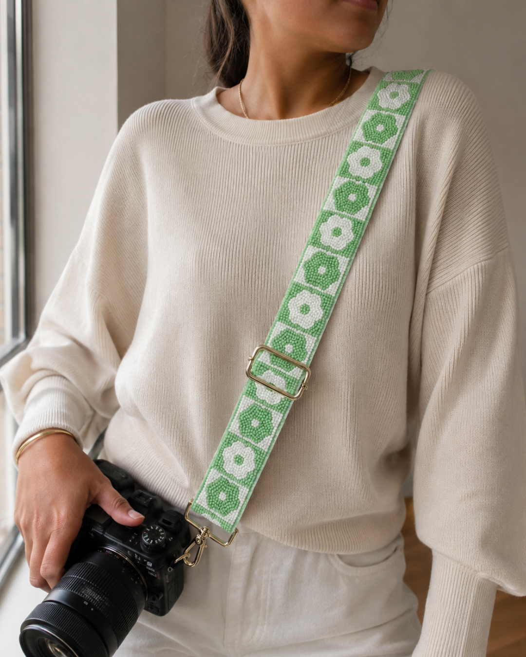 Green & White Floral Beaded Camera Strap