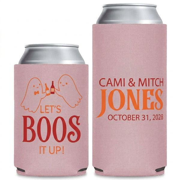 Halloween Wedding Can Coolers shown on standard and slim can coolers