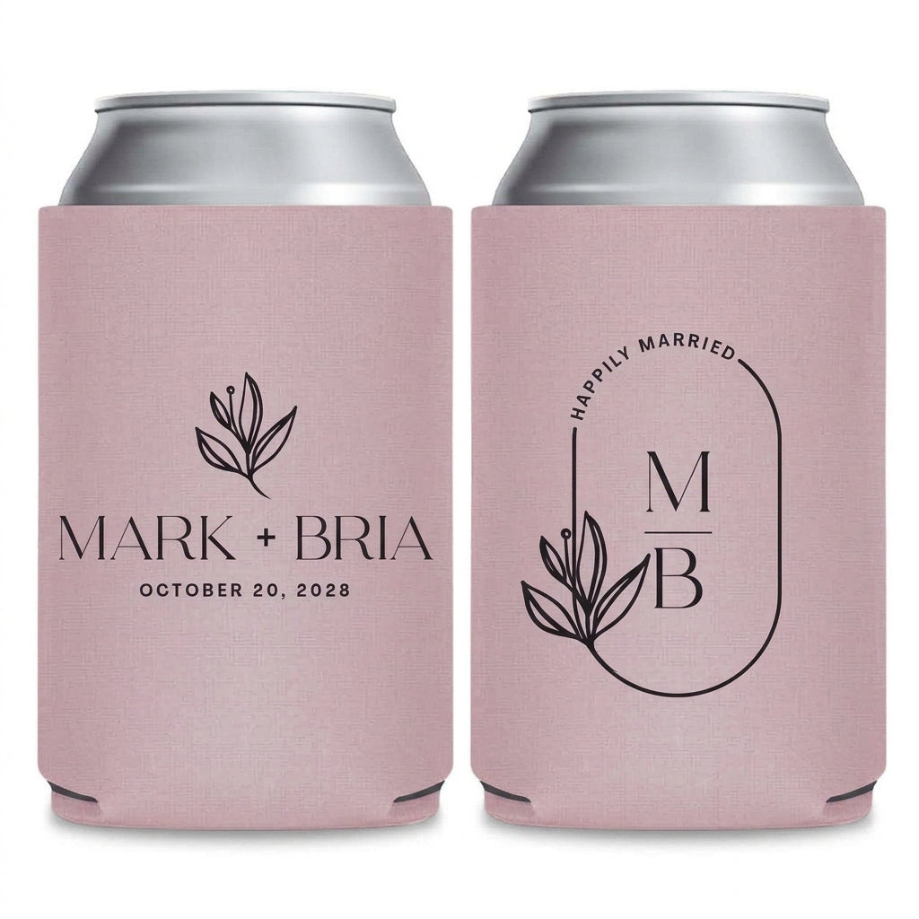 Happily Married Arch Wedding Can Coolers shown on standard and slim can coolers