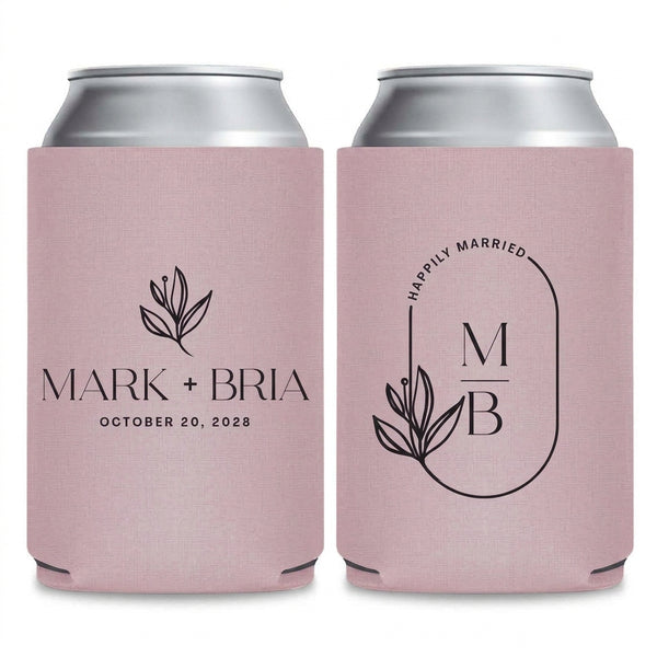 Happily Married Arch Wedding Can Coolers shown on standard and slim can coolers