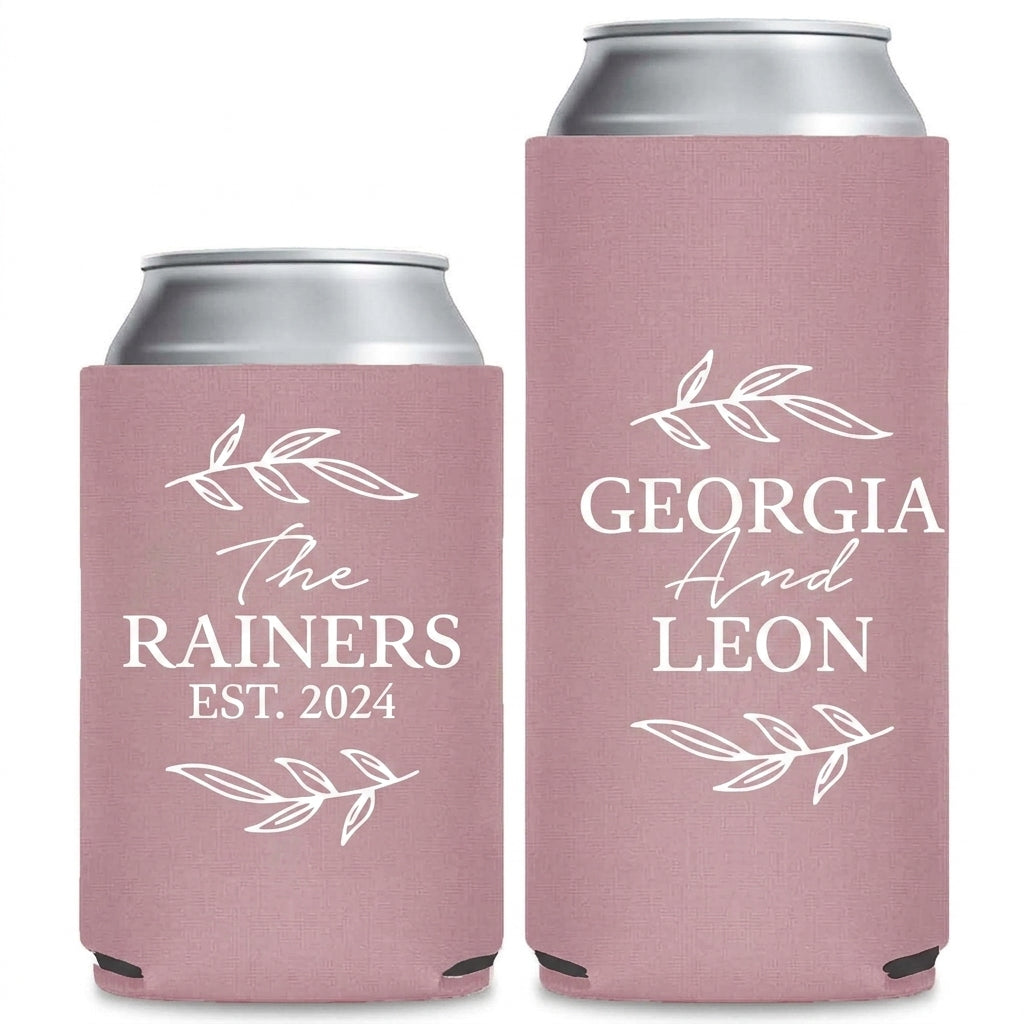 Heritage And Family Wedding Can Coolers shown on standard and slim can coolers