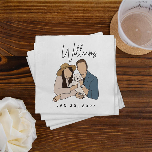 Stack of personalized napkins with a couple and dog illustration on a wooden table.