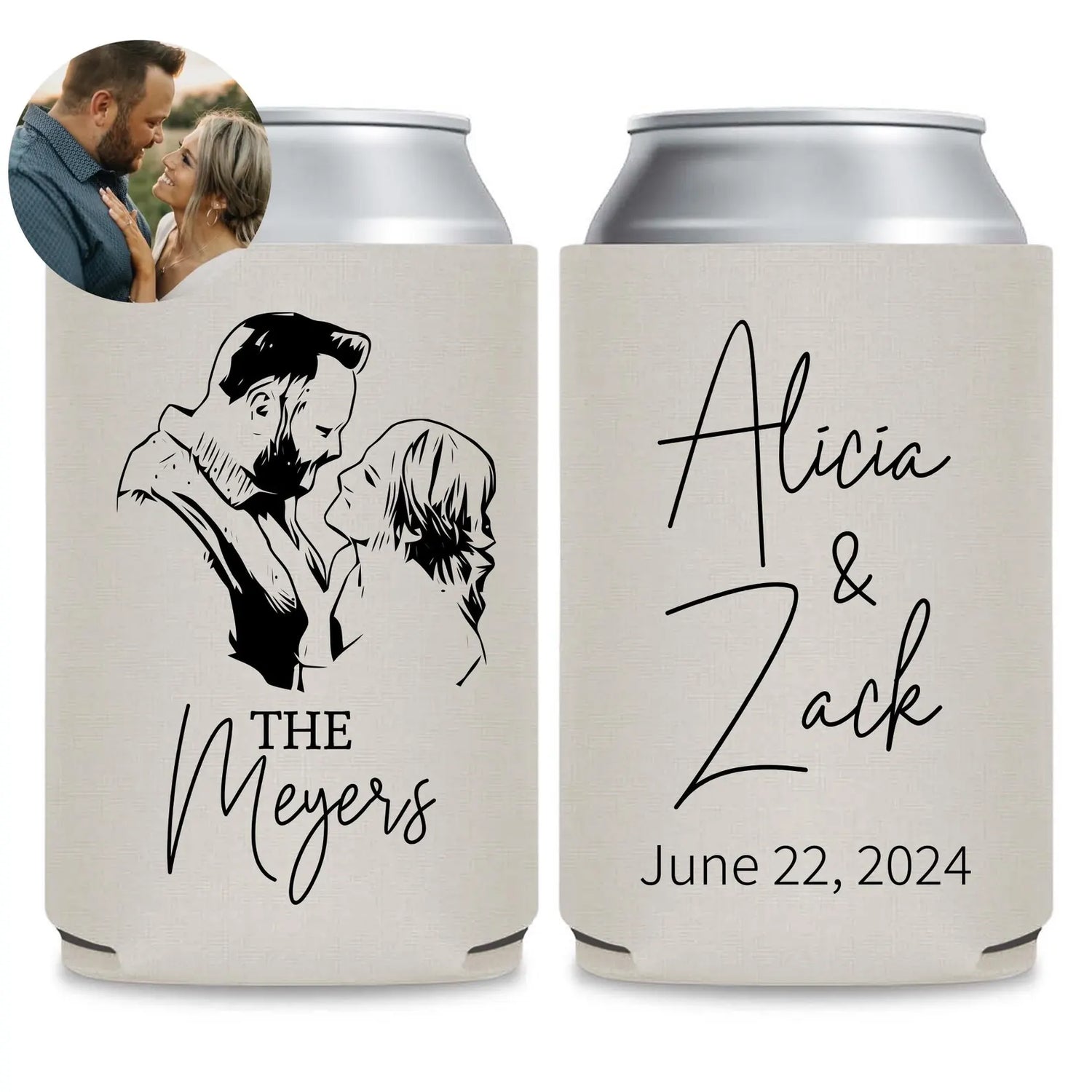 a couple, presumably a bride and groom, depicted in a black and white illustration on a cooler. The cooler has a personalized text that reads "The Meyers" and "June 22, 2024".