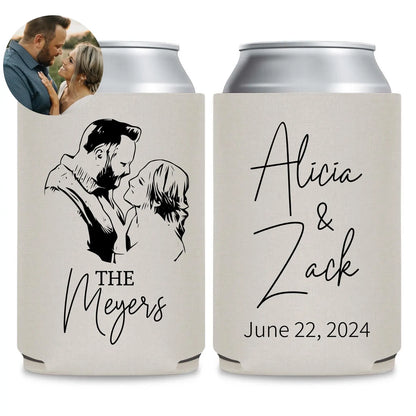 a couple, presumably a bride and groom, depicted in a black and white illustration on a cooler. The cooler has a personalized text that reads "The Meyers" and "June 22, 2024".