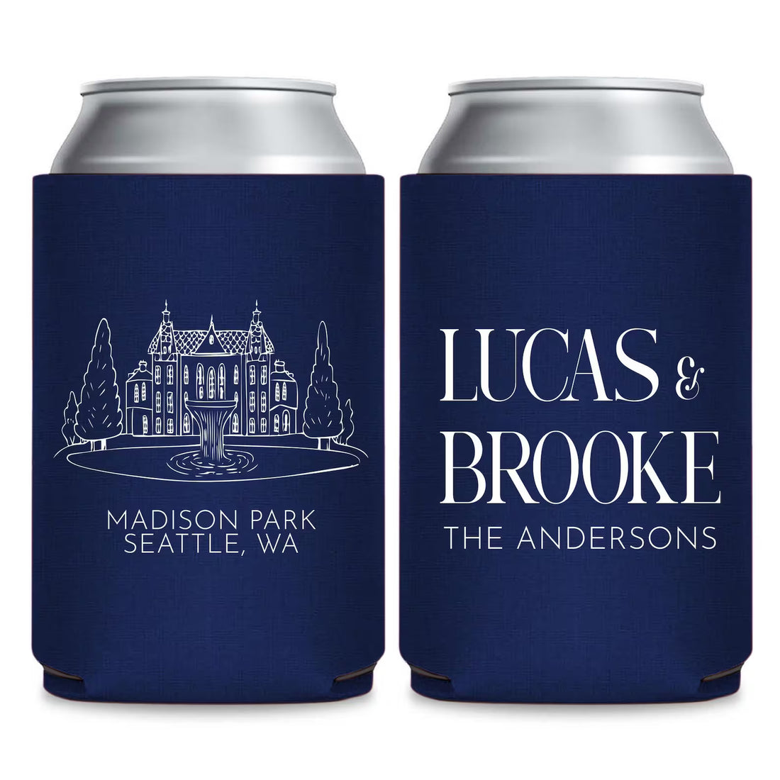 two navy blue beverage coolers with white text and illustrations. The text on the coolers reads "Lucas & Brooke" and "Madison Park Seattle, WA".