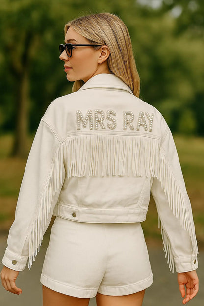 (White Fringe) Bride Patch White Fringe Denim Jacket