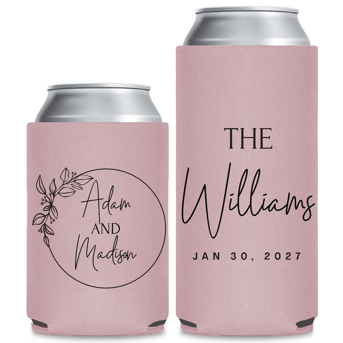 Botanical wreath wedding can coolers in blush with names on the front and The plus last name with wedding date on the back