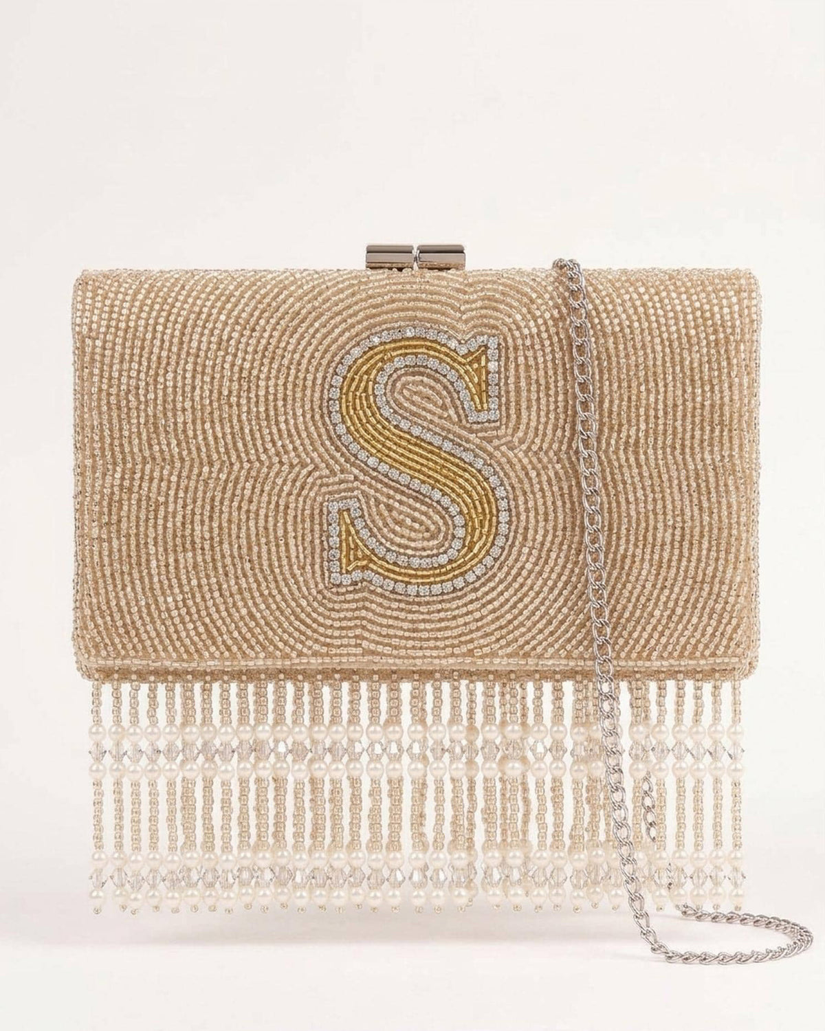 Custom Beaded Monogram Clutch with Fringe, Personalized Bridal Evening Bag, Champagne Initial Purse with Pearl and Crystal Beading