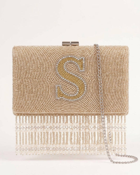 Custom Beaded Monogram Clutch with Fringe, Personalized Bridal Evening Bag, Champagne Initial Purse with Pearl and Crystal Beading