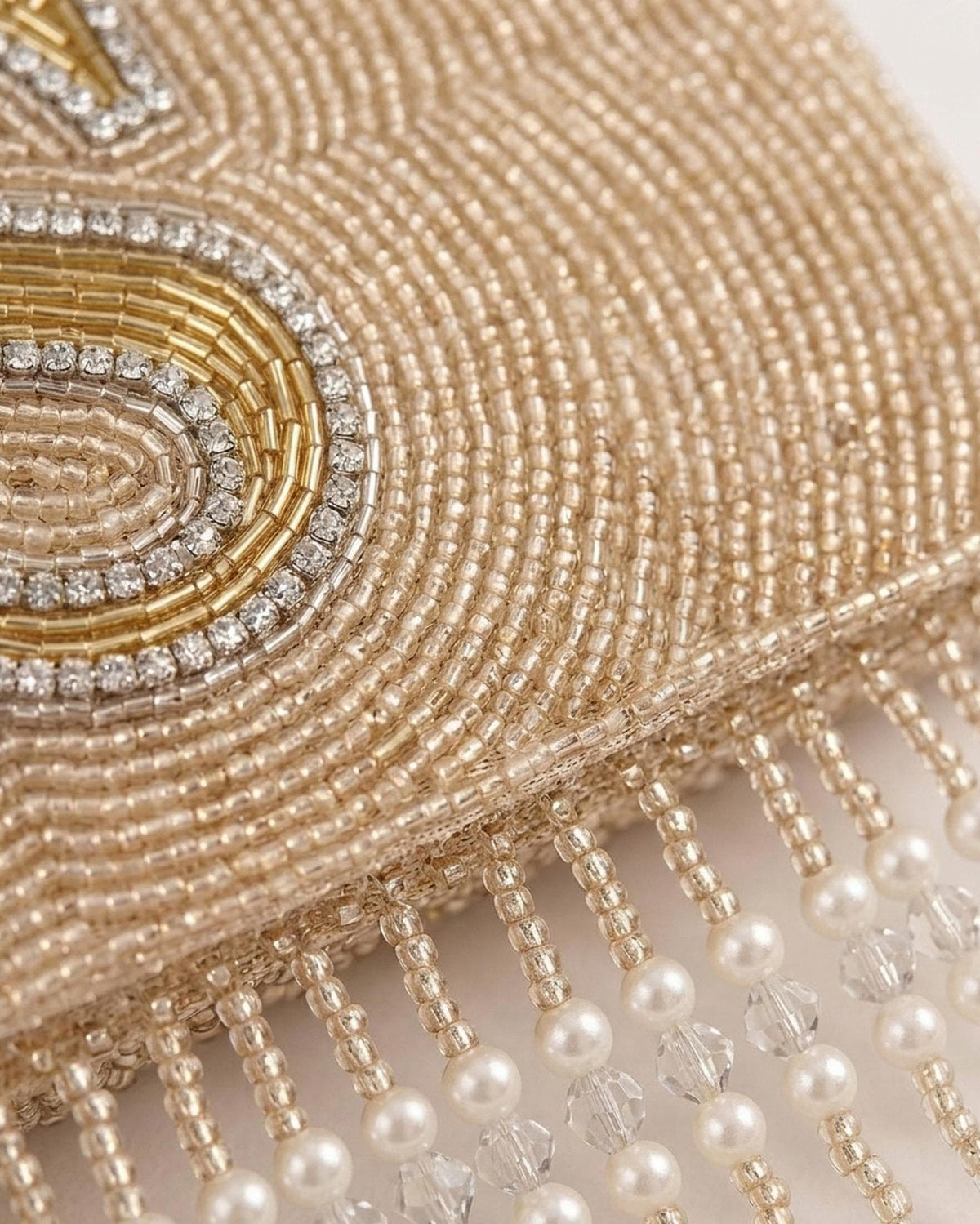 Custom Beaded Monogram Clutch with Fringe, Personalized Bridal Evening Bag, Champagne Initial Purse with Pearl and Crystal Beading