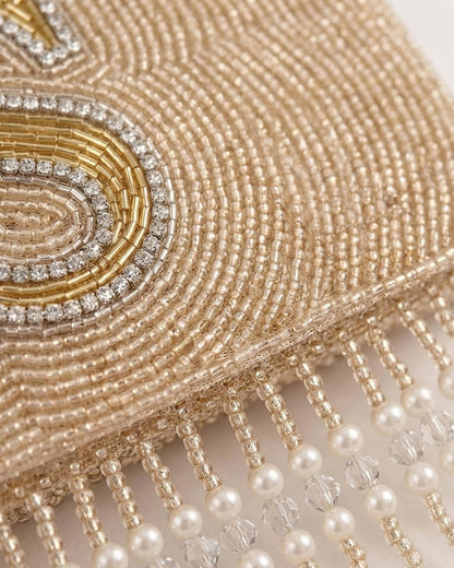 Custom Beaded Monogram Clutch with Fringe, Personalized Bridal Evening Bag, Champagne Initial Purse with Pearl and Crystal Beading