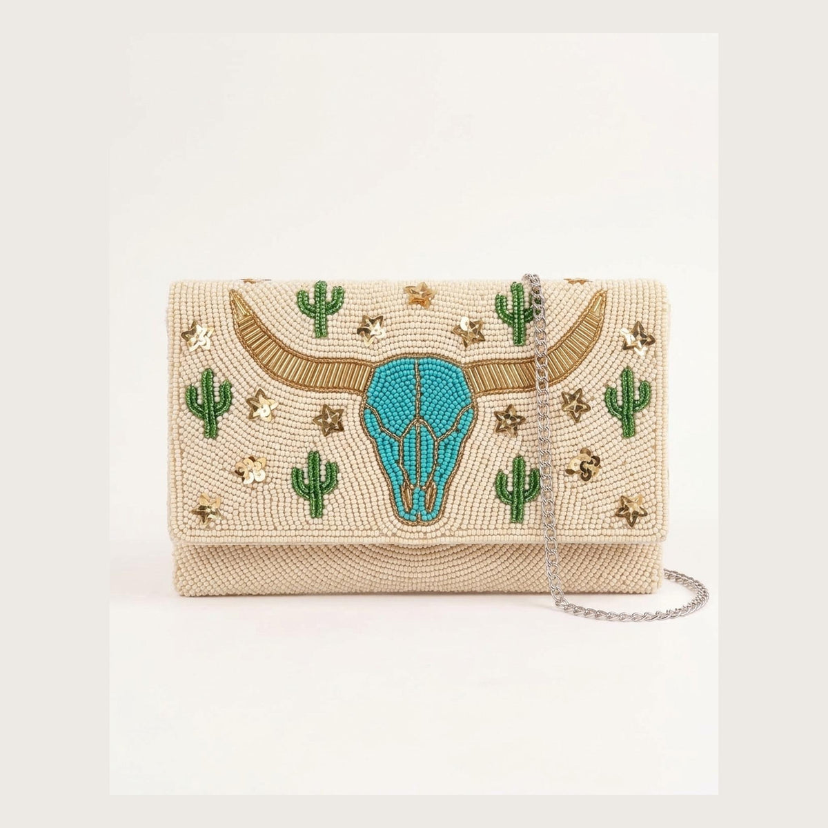 Longhorn Beaded Clutch Purse with Detachable Chain