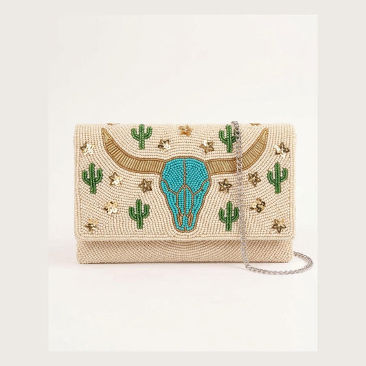 Longhorn Beaded Clutch Purse with Detachable Chain
