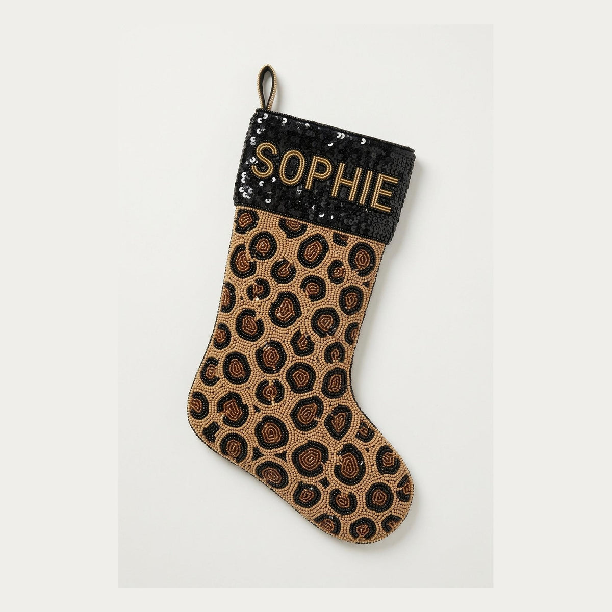 Personalized Beaded Christmas Stocking with Name, Leopard Print