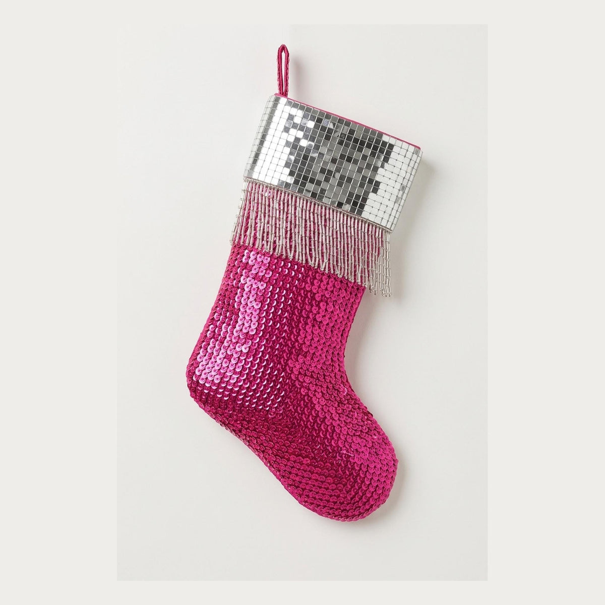 Personalized Beaded Christmas Stocking with Name, Hot Pink Sequin Disco