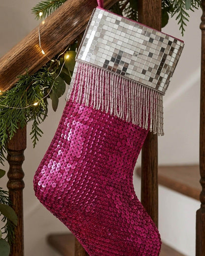 Hot Pink Disco Ball Beaded Stocking