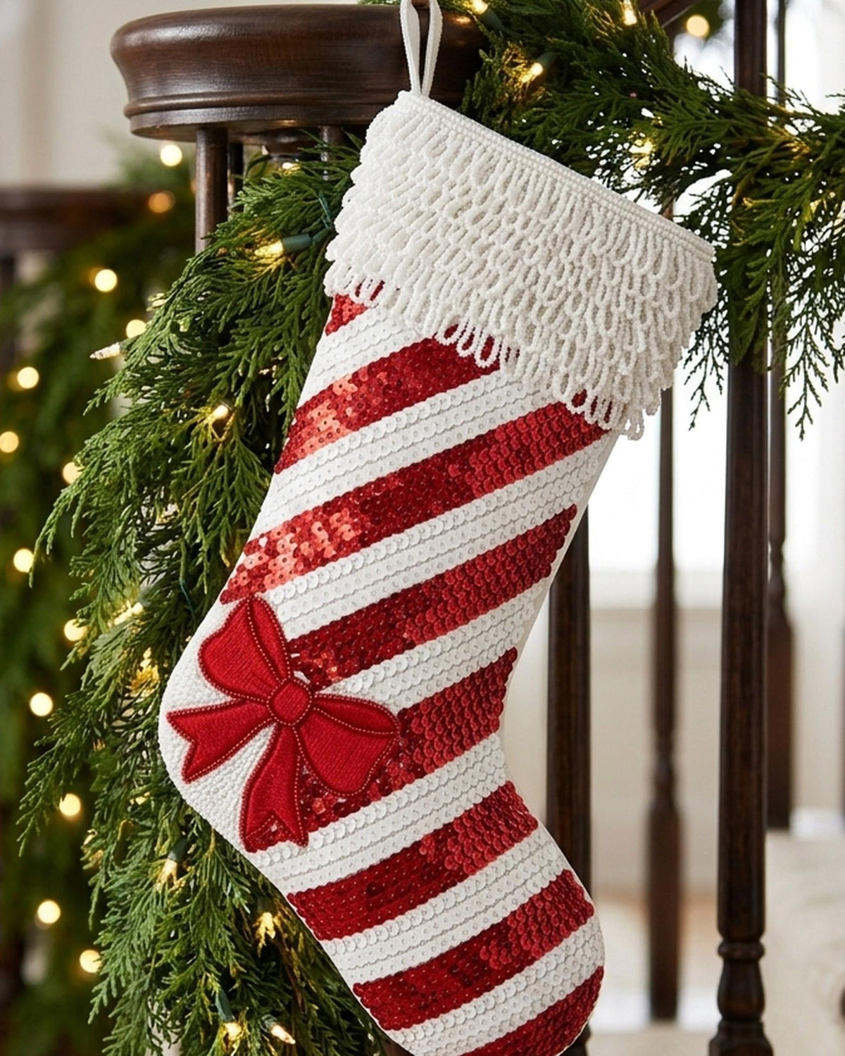 Candy Cane Sequin Beaded Stocking