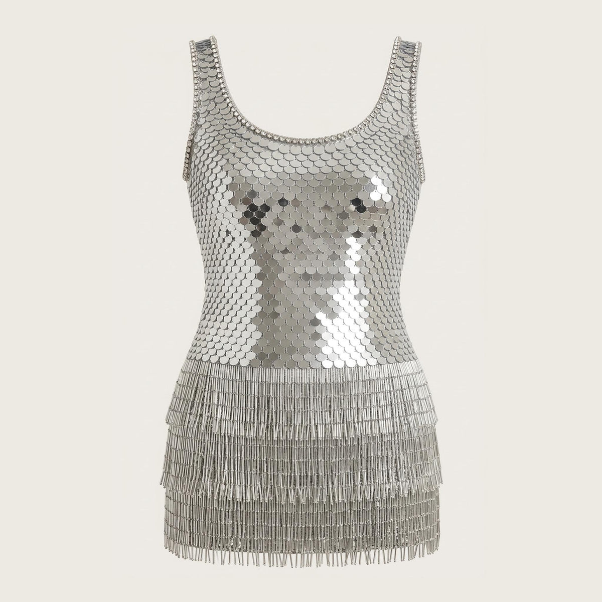 Silver sequin fringe beaded mini dress