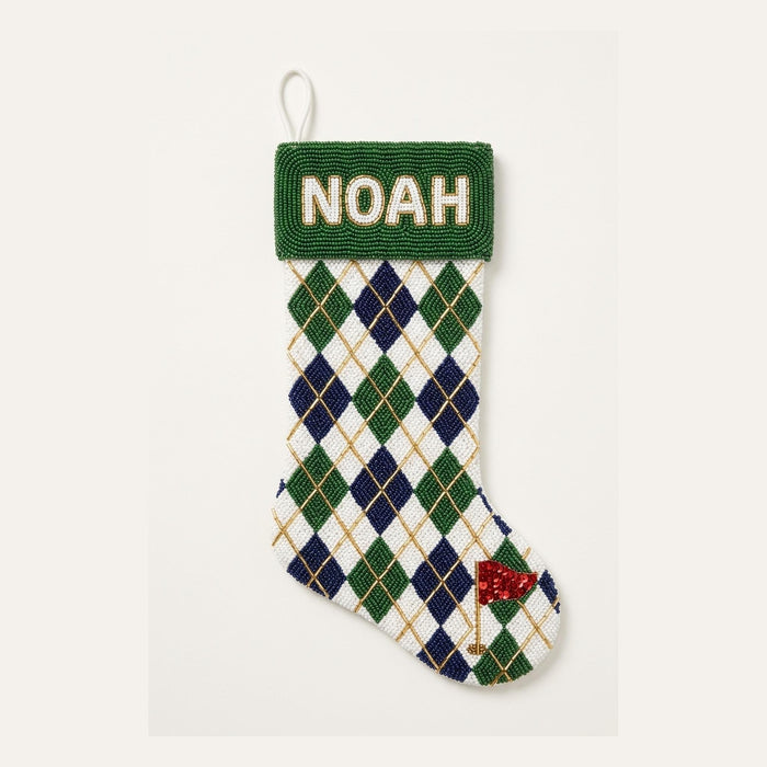 Personalized Beaded Christmas Stocking with Name, Argyle Gol