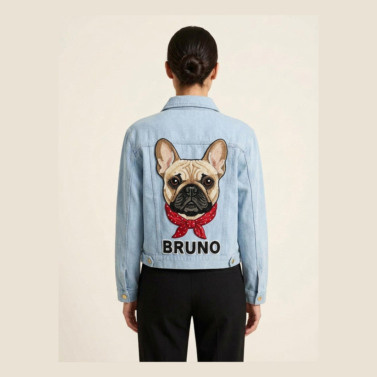Custom Beaded French Bulldog Denim Jacket with Pet Name, Per