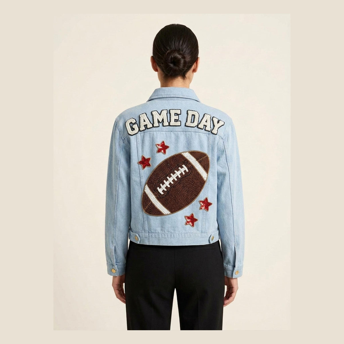 Custom Beaded Football Denim Jacket, Personalized Game Day P