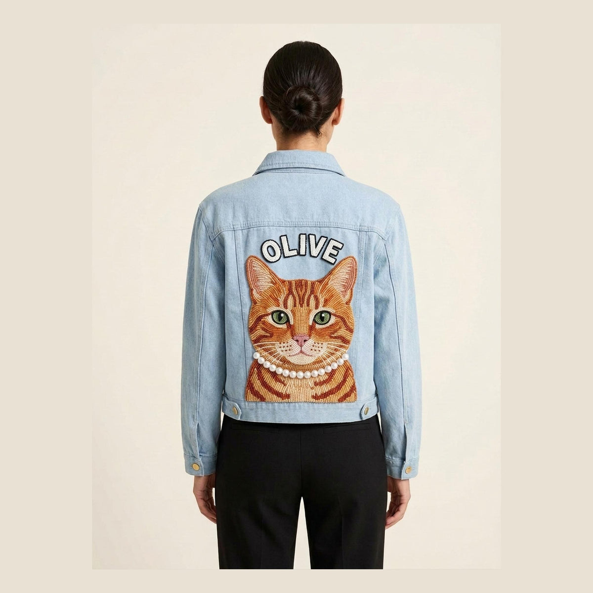 Custom Beaded Pet Denim Jacket, Personalized Cat Portrait Je