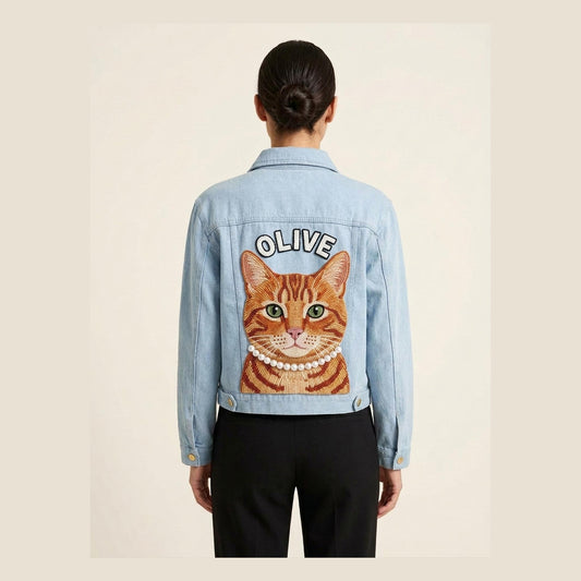 Custom Beaded Pet Denim Jacket, Personalized Cat Portrait Je