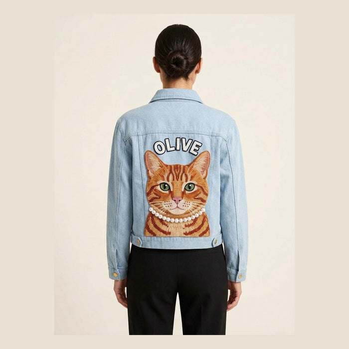 Custom Beaded Pet Denim Jacket, Personalized Cat Portrait Je